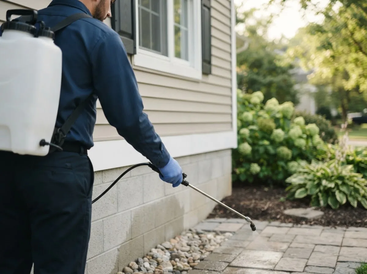 Pest control technician inspecting a home in South Dayton, NY